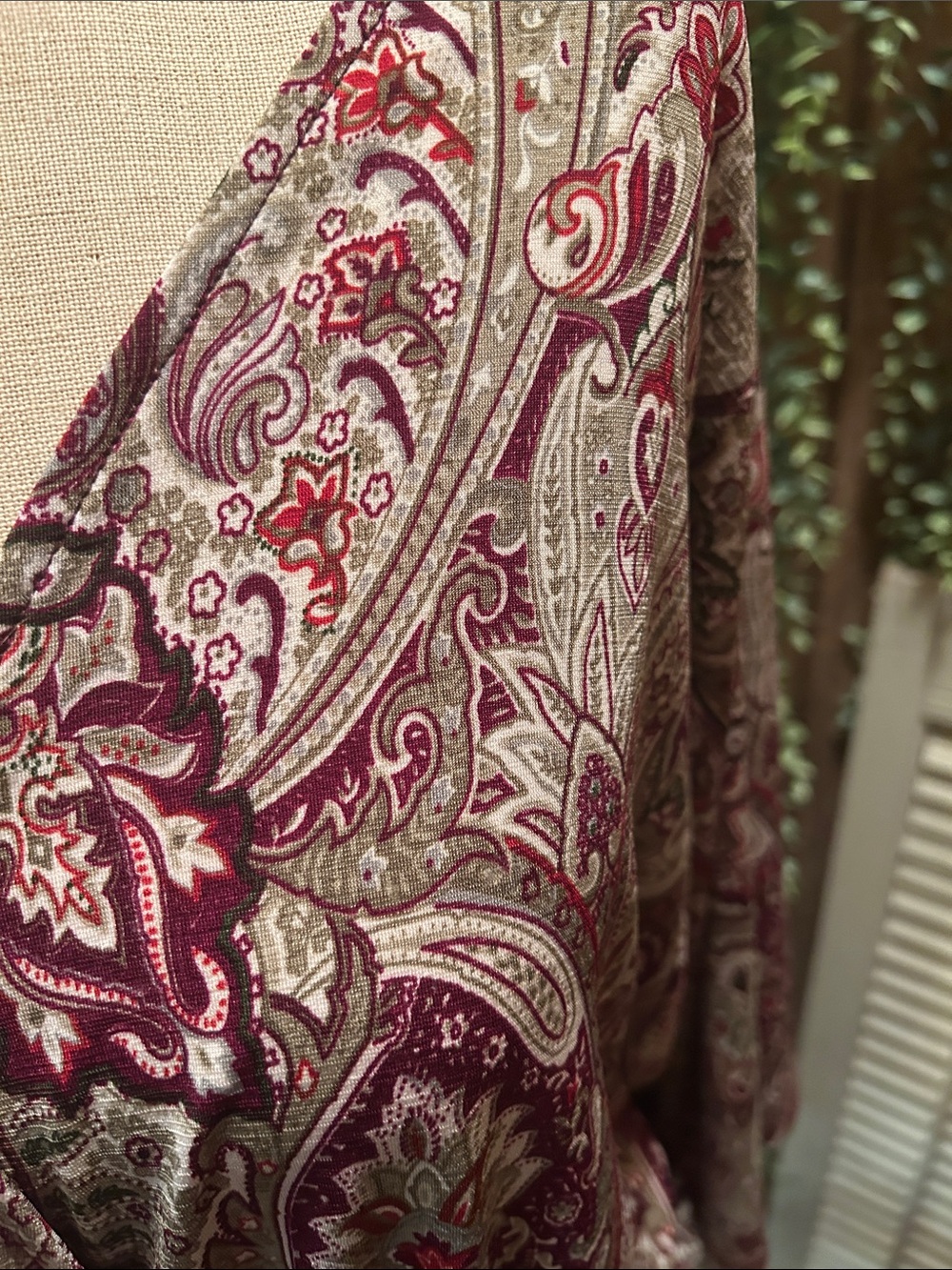 Women's Paisley Wrap Blouse - Burgundy & Olive Green - Picture 4 of 4